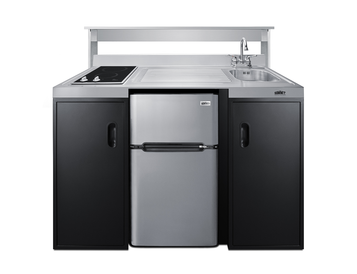 54 inch wide ADA counter height all-in-one kitchenette in black with a removable 2-burner 115V smooth top cooktop, 2-door refrigerator-freezer, sink, and two storage cabinets
